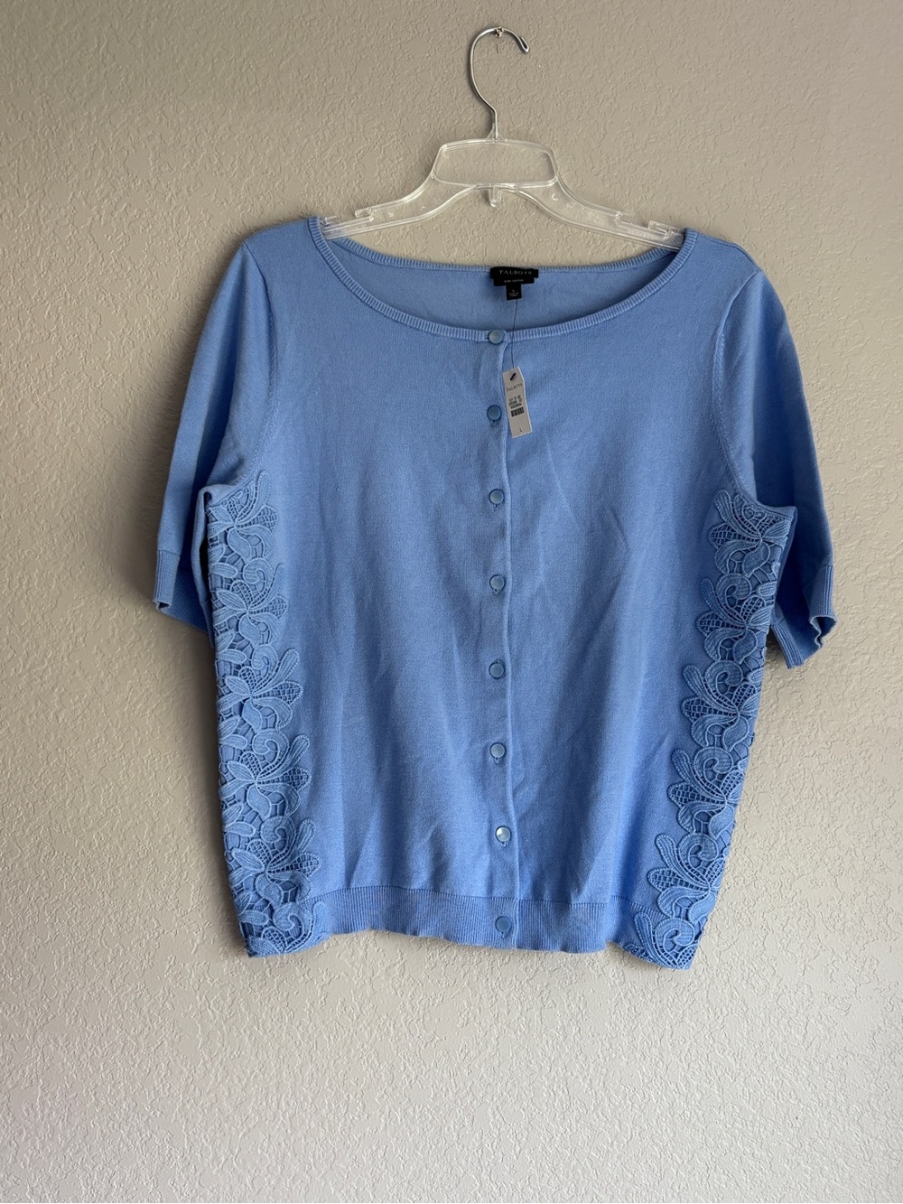 NWT Talbots Light Blue Elbow Sleeve Button-Up Cardigan with Lace Panels ladies L